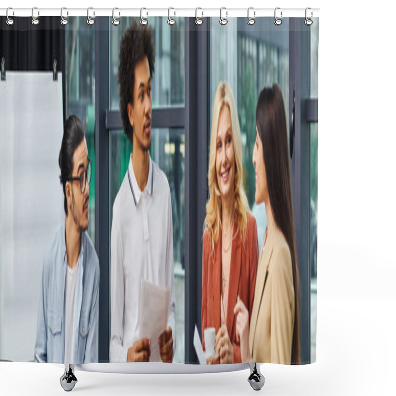 Personality  A Diverse Group Of Job Seekers Stand In Front Of A Window, Preparing For Interviews. Shower Curtains