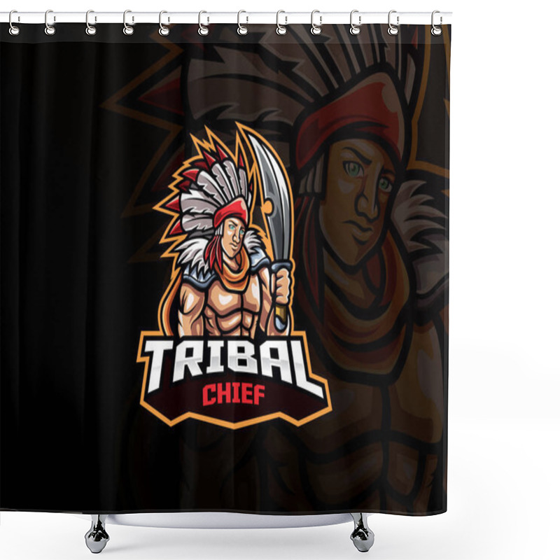 Personality  Tribal Chief Mascot Esport Logo Design. Tribal Warrior Mascot Vector Illustration Logo. Tribal Chief Mascot Design With Weapon, Emblem Design For Esports Team. Vector Illustration Shower Curtains