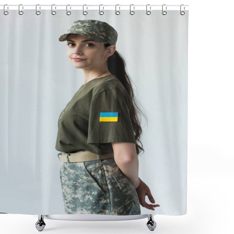 Personality  Young Soldier With Ukrainian Flag On Chevron Looking At Camera Isolated On Grey  Shower Curtains