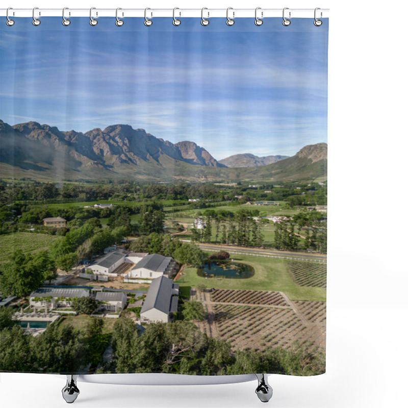 Personality  Rural Landscape With Majestic Mountain Range. Estate, Several Structures, Residential Buildings And Agricultural Outbuildings, Pond, Verdant Fields. Tranquility Natural Beauty. Aerial View, Lavender Shower Curtains