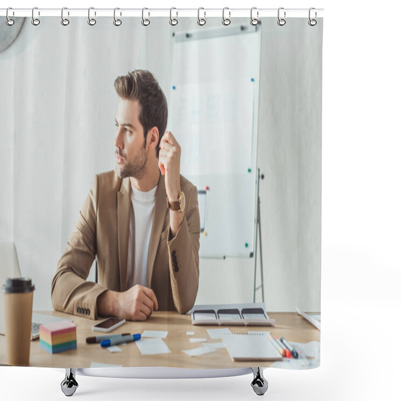 Personality  Creative Designer Looking Away At Table With Mobile Application Layouts On Table Shower Curtains