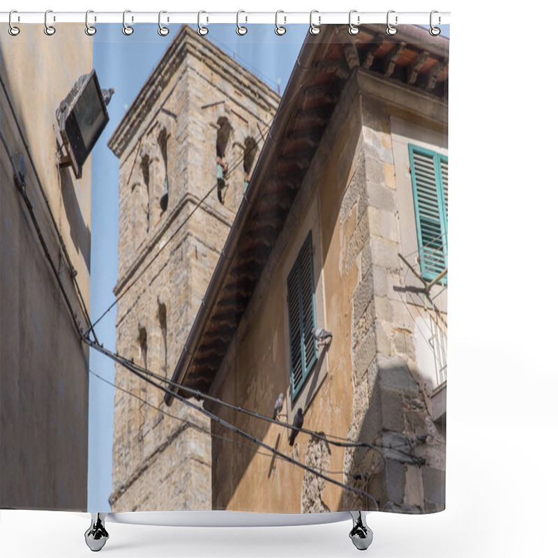 Personality  Urban Scene With Historical Architecture Of Tuscany And Clear Blue Sky, Italy  Shower Curtains