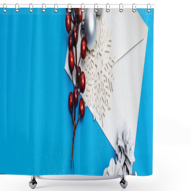 Personality  Top View Of Snowflake, Silver Baubles, Berries And Envelope On Blue Background, Banner Shower Curtains