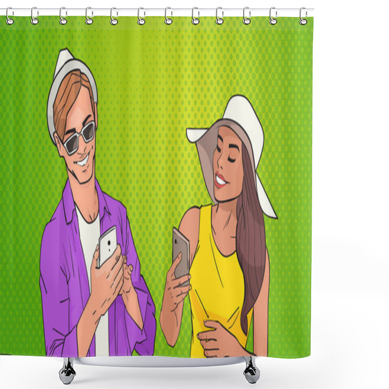 Personality  Young Man And Woman Woman Using Cell Smart Phone Networking Online Over Pop Art Colorful Retro Style Background Shower Curtains