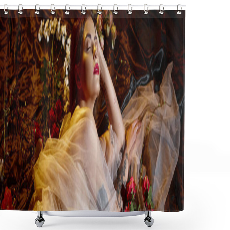 Personality  Banner Of Charming Young Woman In Romantic Transparent Dress Lying Among Flowers, Closed Eyes Shower Curtains