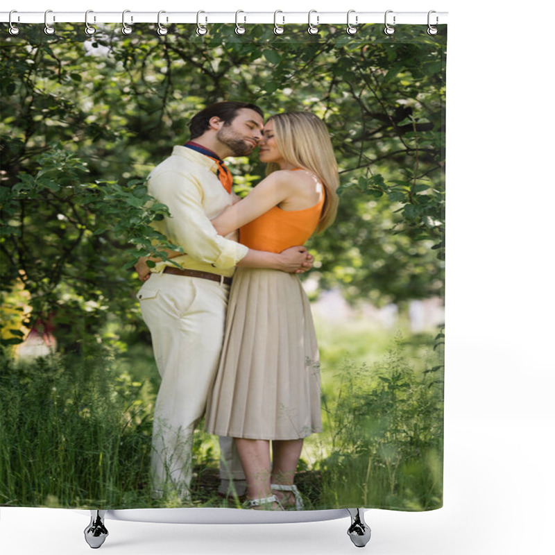 Personality  Side View Of Stylish Couple Embracing Near Trees In Summer Park  Shower Curtains