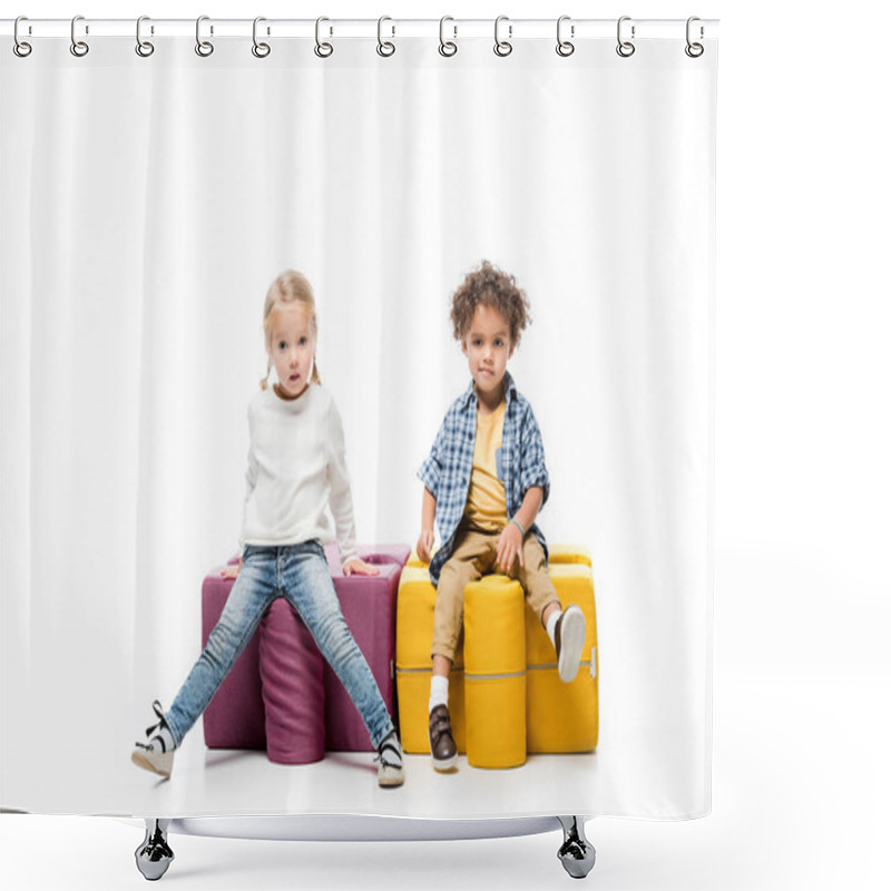 Personality  Funny Multicultural Kids Sitting On Puzzle Chairs, On White Shower Curtains