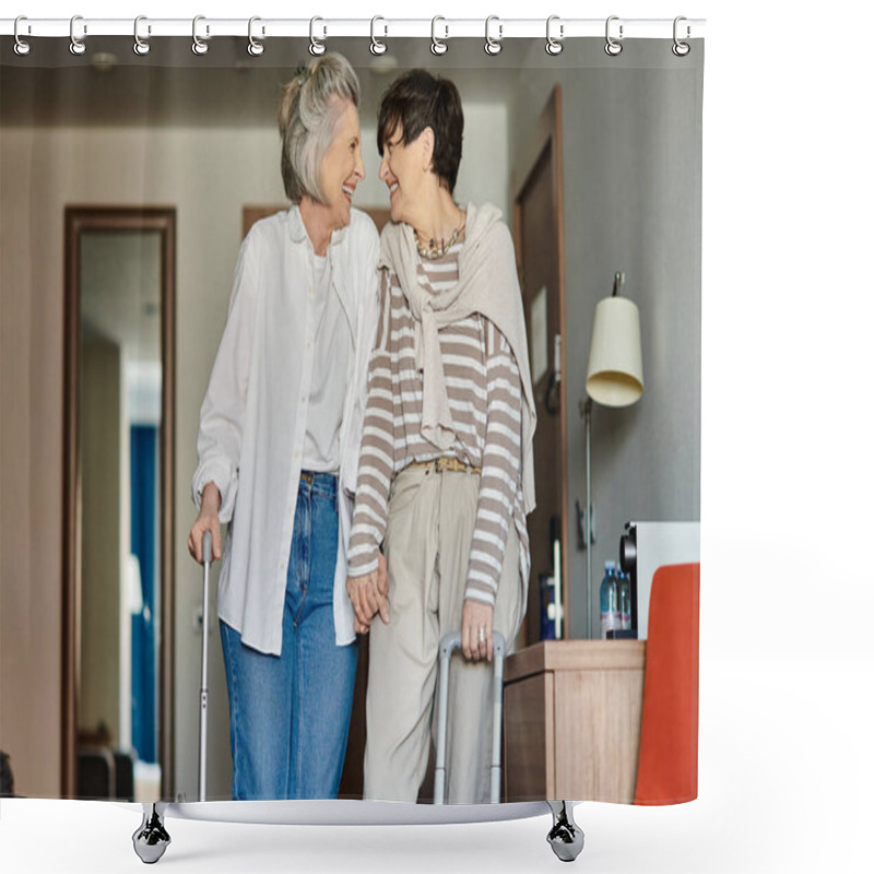 Personality  Two Women Stand Together In A Cozy Living Room. Shower Curtains