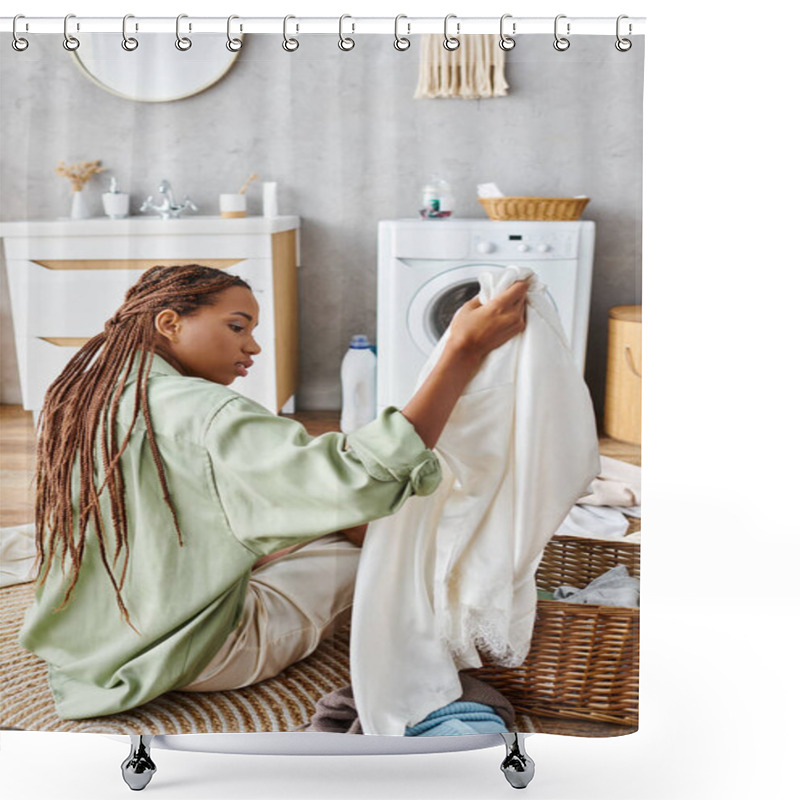 Personality  An African American Woman With Afro Braids Sits On The Floor Next To A Washing Machine, Focusing On Laundry In The Bathroom. Shower Curtains