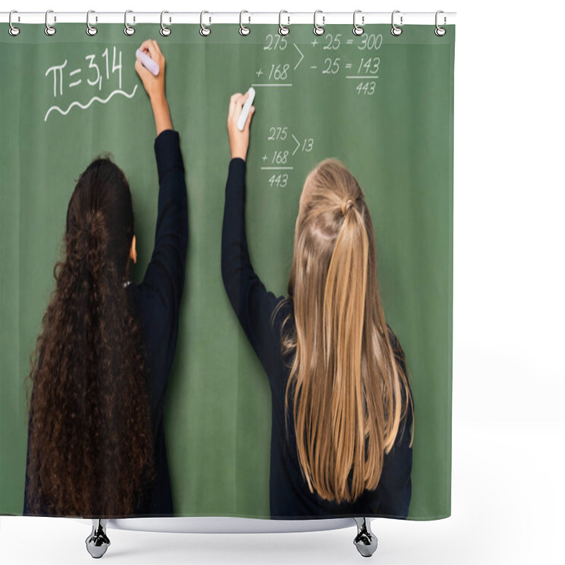 Personality  Back View Of Multicultural Schoolgirls Writing Mathematical Equations On Chalkboard Shower Curtains