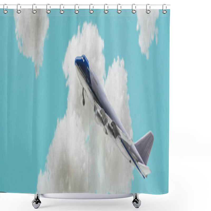 Personality  Toy Plane Flying Among White Fluffy Clouds Made Of Cotton Wool Isolated On Blue, Panoramic Shot Shower Curtains