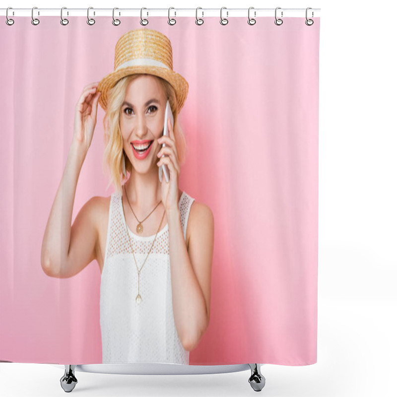 Personality  Woman Touching Straw Hat And Talking On Smartphone On Pink  Shower Curtains