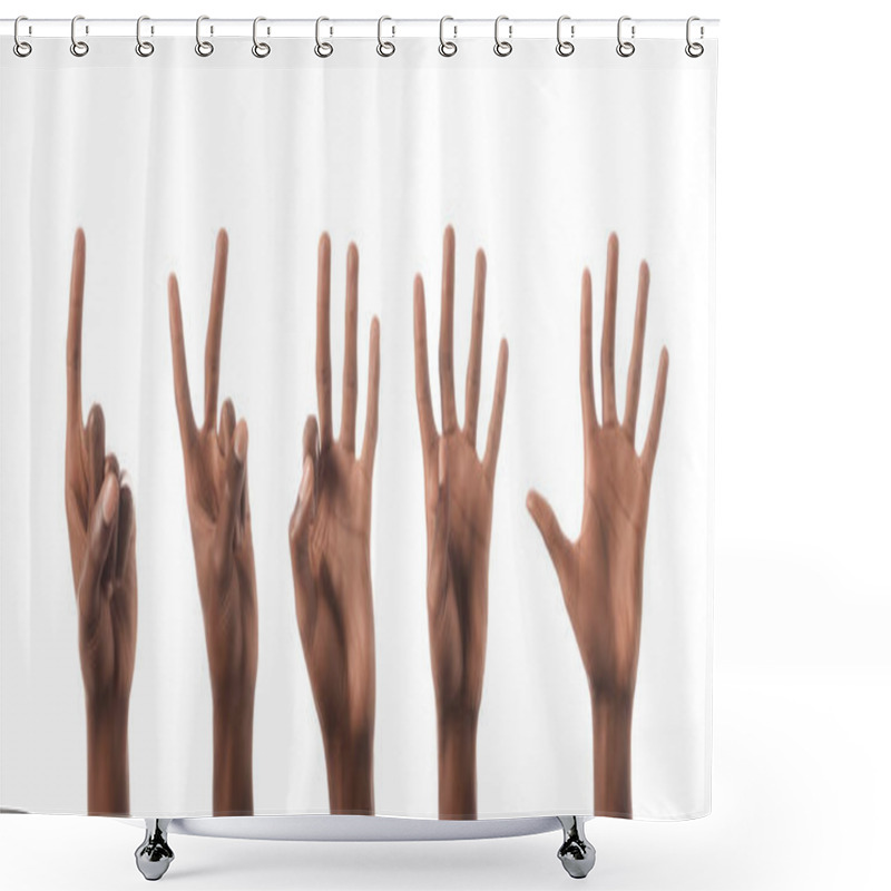 Personality  Collage Of African American Man Showing Numbers With Hands Isolated On White Shower Curtains