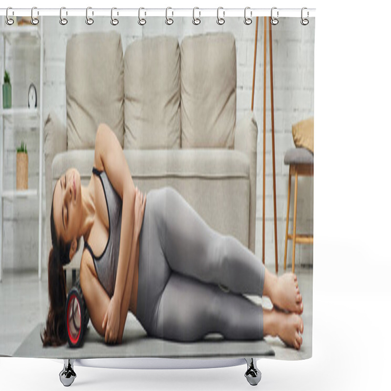 Personality  Peaceful Young Woman With Closed Eyes Massaging Shoulder With Roller Massager And Lying On Fitness Mat In Living Room At Home, Sense Of Tranquility And Promote Relaxation Concept, Banner  Shower Curtains