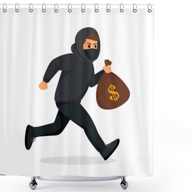 Personality  Vector Cartoon Thief Running With Stolen Money Bag. Flat Style Criminal Holding Money Bag With Dollar Sign. Bank Robbery Scene With Thief In Hoodie And Mask. Shower Curtains