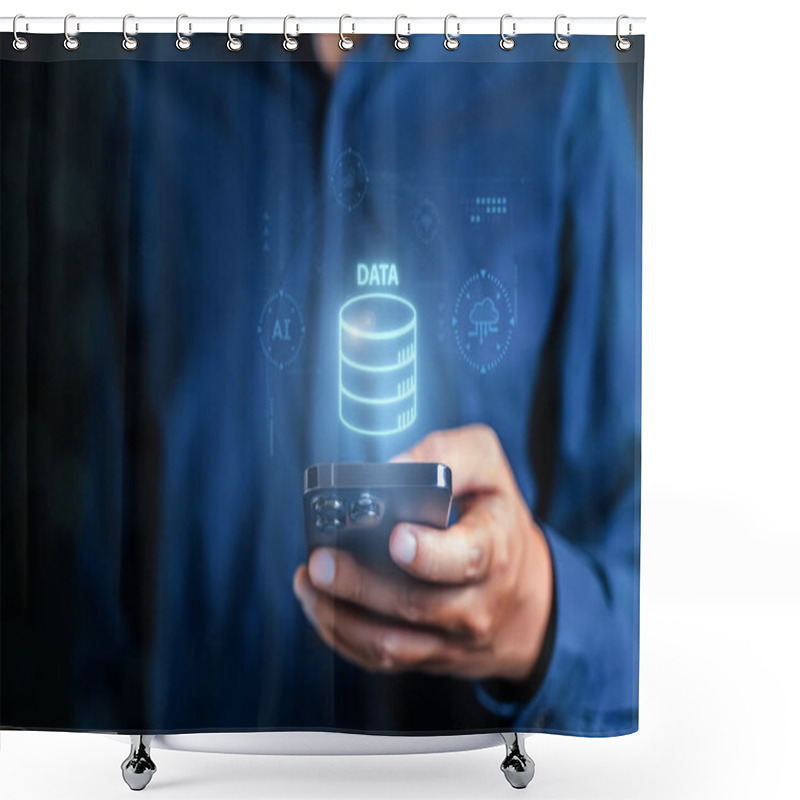 Personality  Data Visualization, Data Analyst And Storage Virtual Hologram Icon On Screen Background Shower Curtains