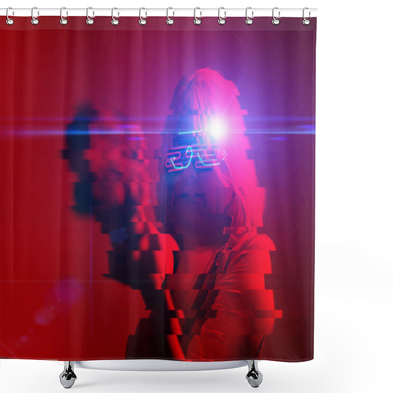 Personality  Girl With Blaster In The Futuristic Battle. Concept Virtual Reality, Cyber Game. Image With Glitch Effect. Shower Curtains