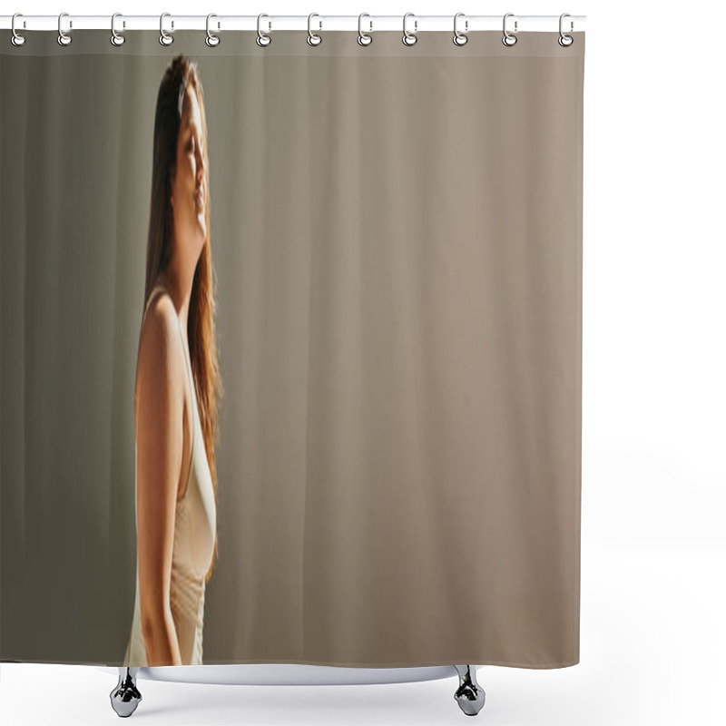 Personality  Pleased Plus Size Woman With Long Hair Wearing Beige Bodysuit And Enjoying Bright Lighting While Posing On Grey Background With Studio Light, Body Positive, Figure Type, Diversity Of Body, Banner  Shower Curtains