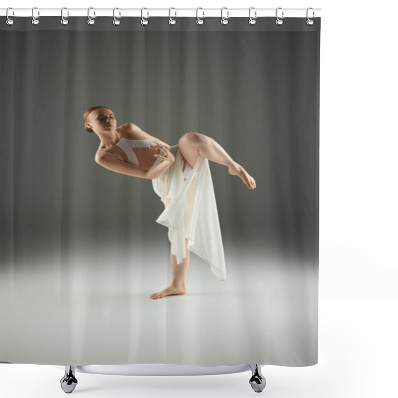 Personality  Young Ballerina In A Flowing White Dress Performing A Hand Stand With Grace And Elegance. Shower Curtains