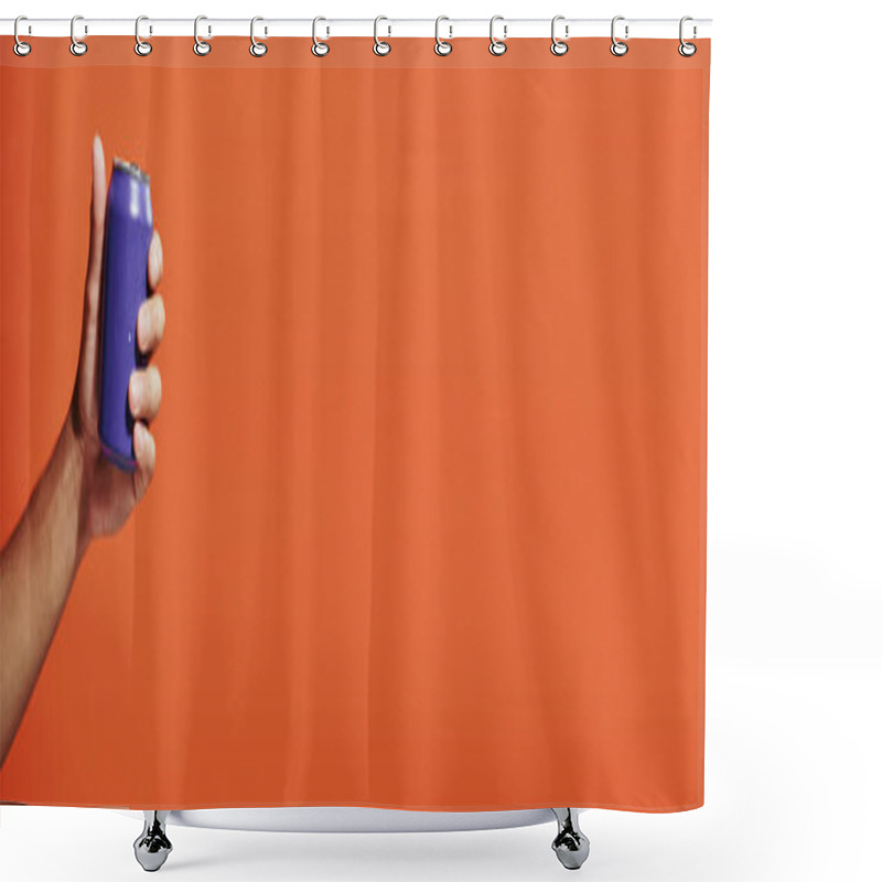 Personality  Cropped Banner Of Person Holding Purple Soda Can In Hand On Orange Background, Carbonated Drink Shower Curtains