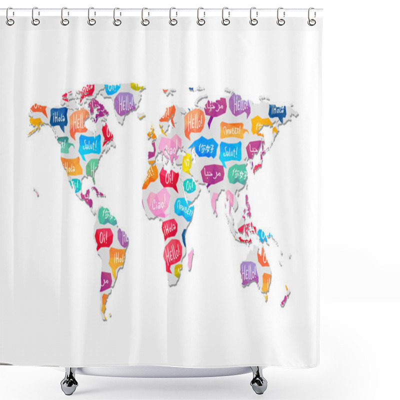 Personality  World Map With Pattern Of Speaking Bubbles With Word Hello Shower Curtains