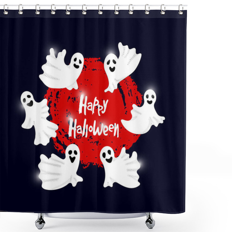 Personality  Happy Halloween Party Composition With Flying Ghosts And Pumpkin On White Background. Trick Or Treat. Holiday Concept. Design For Greeting Card, Banners, Invitations. Vector Illustration. Shower Curtains