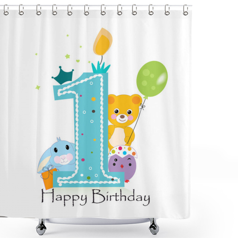 Personality  Happy First Birthday Candle. Baby Boy Greeting Card With Bunny, Chick And Teddy Bear Vector Shower Curtains