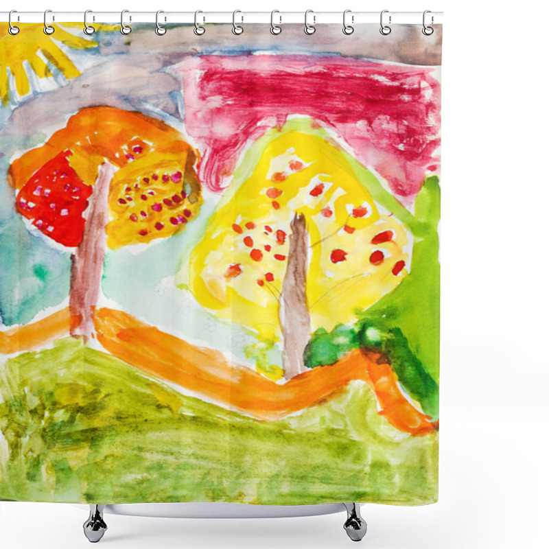 Personality  Child's Painting - Yellow Trees Shower Curtains