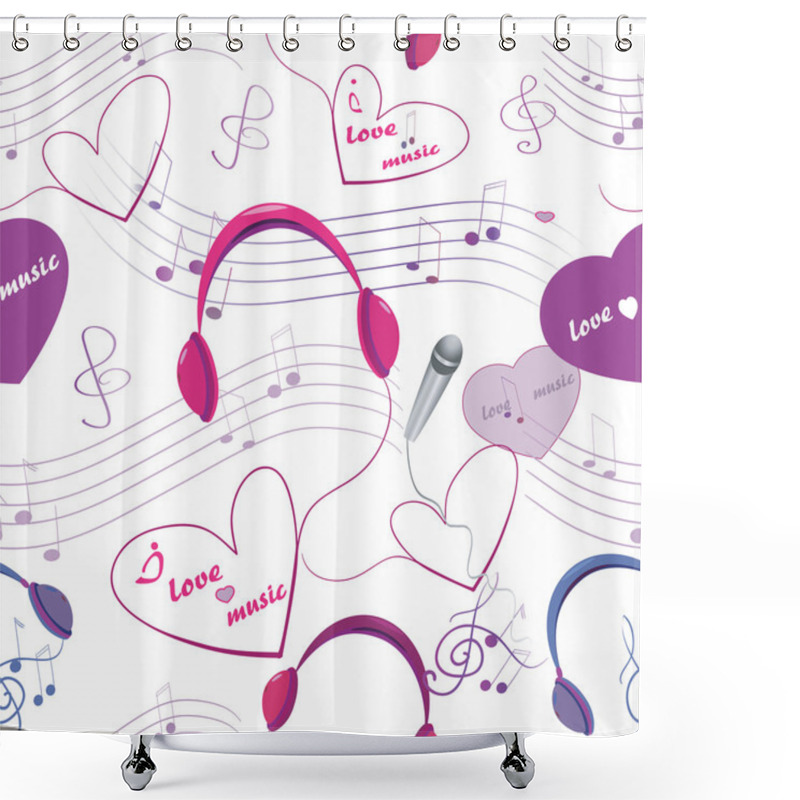 Personality  Seamless Texture With Microphone And Headphones, Note And Hearts Shower Curtains