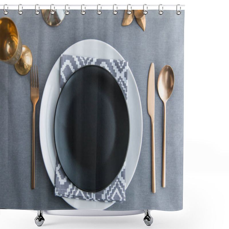 Personality  Top View Of Black Empty Plate, Napkin And Old Fashioned Tarnished Cutlery On Tabletop Shower Curtains