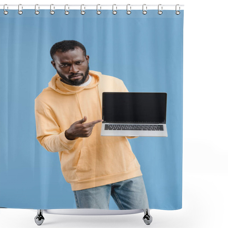 Personality  Serious Young African American Man Pointing By Finger At Laptop With Blank Screen Isolated On Blue Background Shower Curtains