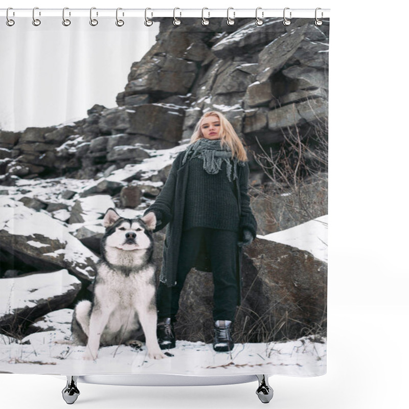 Personality  Girl With Dog Malamute Among Rocks In Winter. Shower Curtains