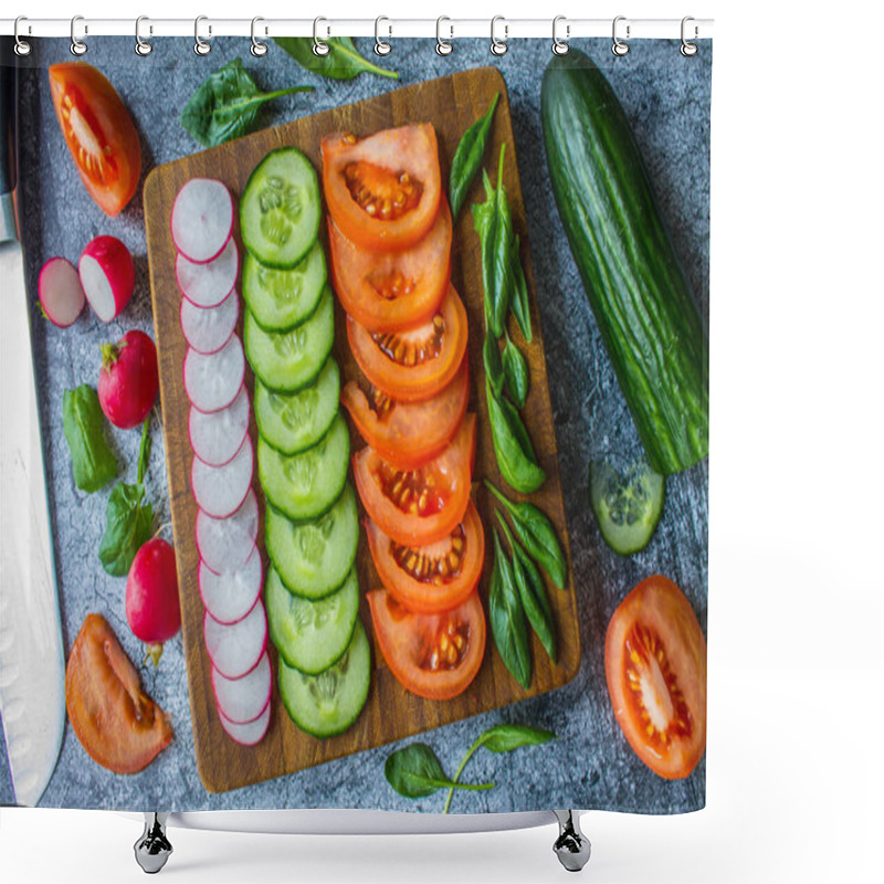 Personality  Slices Of Fresh Cucumbers, Tomatoes And Radishes Arranged In Rows On A Board On A Gray Background. Flat Lay. Shower Curtains