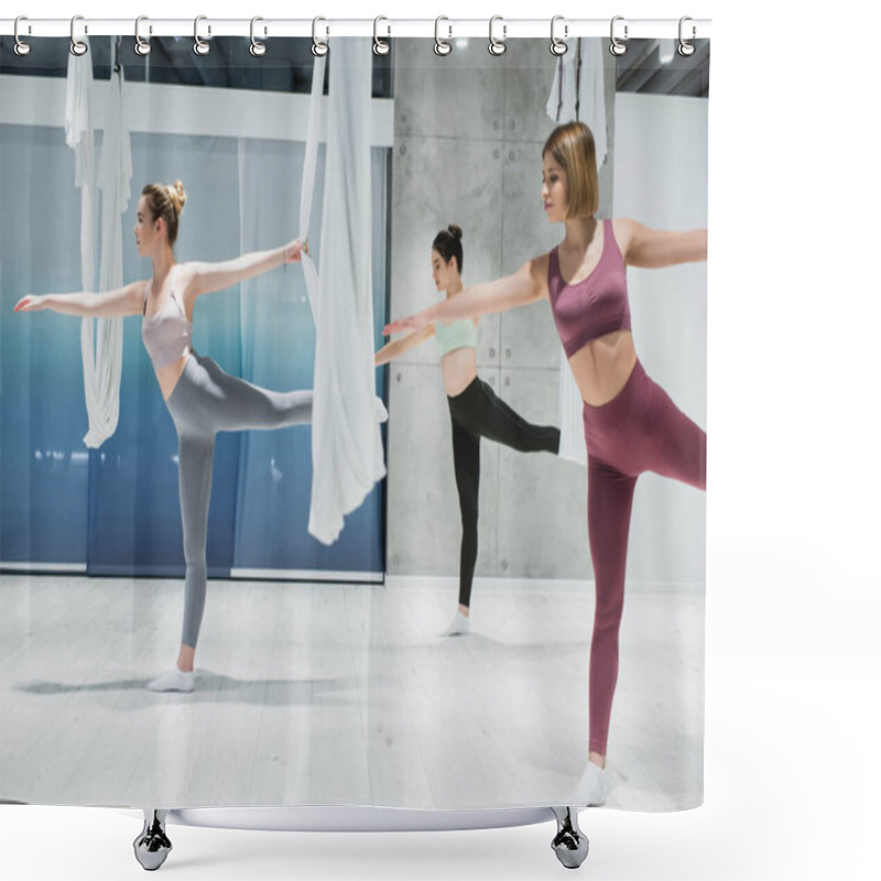 Personality  Three Young Women Practicing Warrior Pose Near Fly Yoga Hammocks In Sports Center Shower Curtains