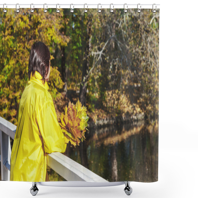 Personality  Woman With Bouquet Of Leaves On Autumn Bridge  Shower Curtains