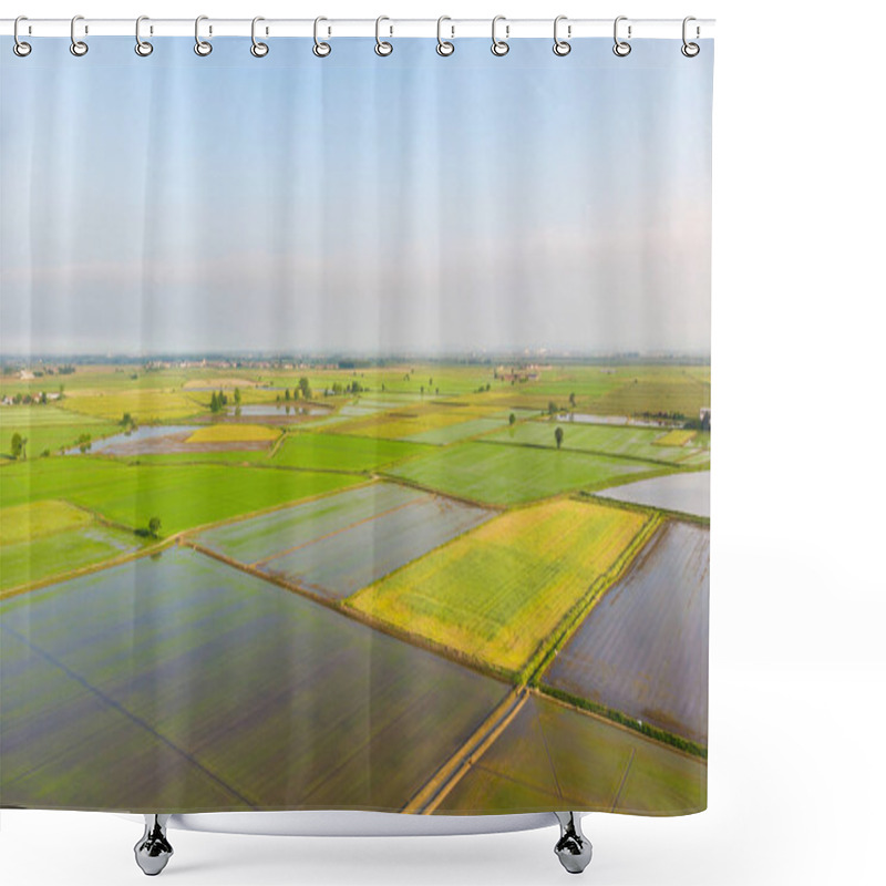 Personality  Aerial: Rice Paddies, Flooded Cultivated Fields Farmland Rural Italian Countryside, Agriculture Occupation, Sprintime In Piedmont, Italy Shower Curtains