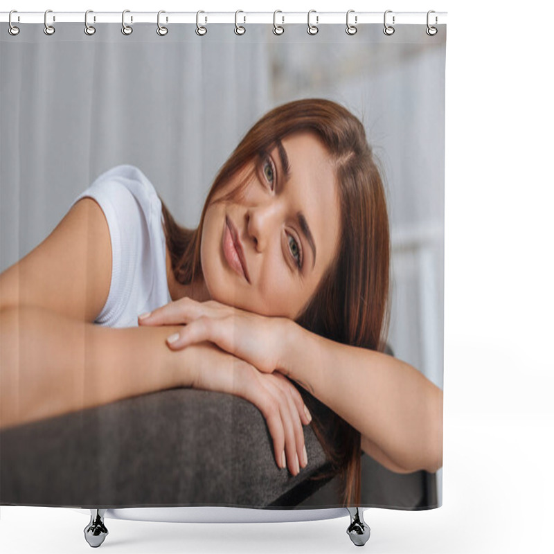 Personality  Happy Young Woman Looking At Camera While Relaxing On Sofa In Living Room  Shower Curtains