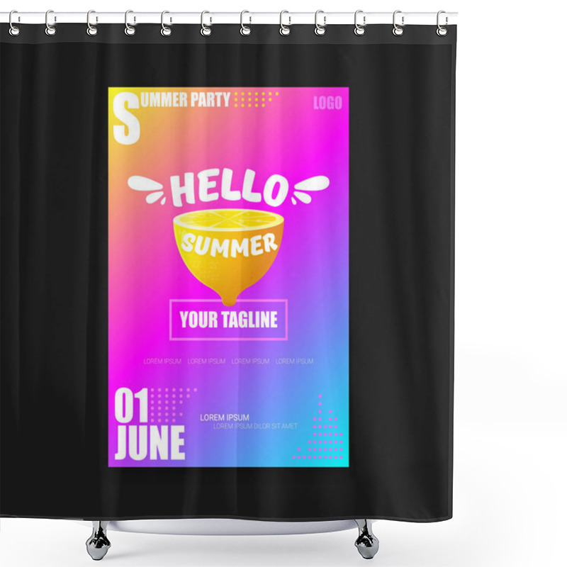 Personality  Vector Hello Summer Beach Party Vertical A4 Poster Design Template Or Mock Up With Fresh Lemon On Pink And Purple Modern Style Gradient Background. Hello Summer Concept Label Or Flyer Shower Curtains