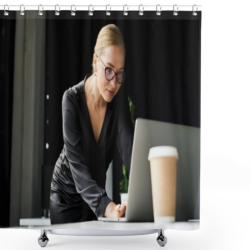 Personality  A Dedicated Young Plus Size Woman Is Working Intently At Her Laptop In A Stylish Office Environment. Shower Curtains