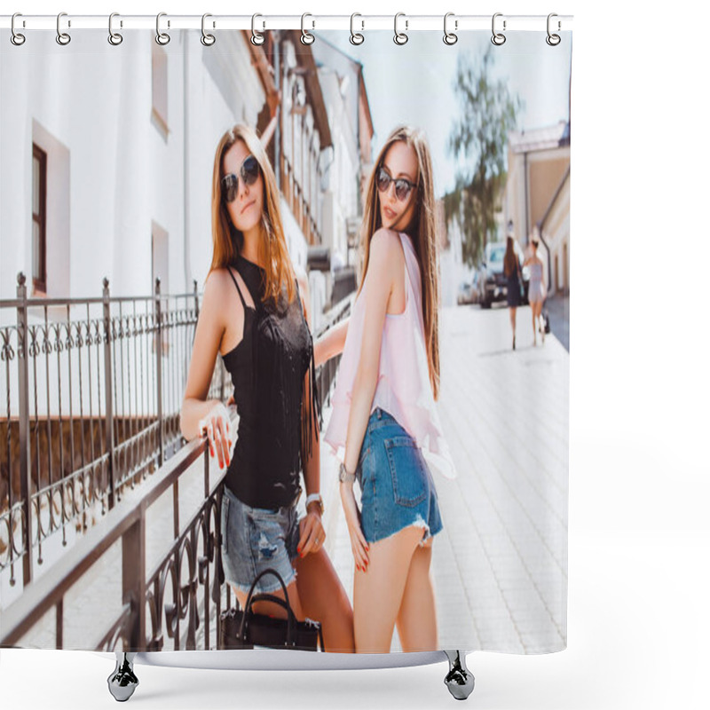 Personality  Young Women Walking At Street On Sunny Day Shower Curtains