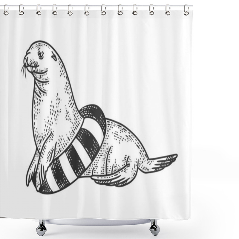 Personality  Seal Circus Animal With Life Buoy Sketch Engraving Vector Illustration. T-shirt Apparel Print Design. Scratch Board Imitation. Black And White Hand Drawn Image. Shower Curtains