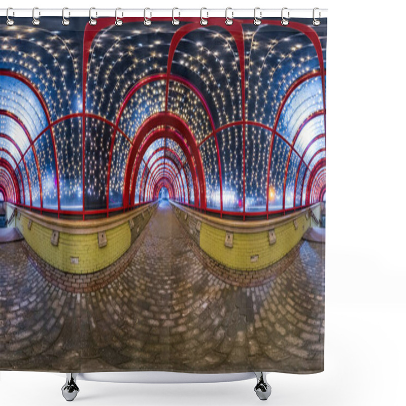 Personality  Spherical Night 360 Panorama In Festively Lit Underground Passage Tunnel With Red Frame Arch And Transparent Dome And Concrete Staircase In Equirectangular Seamless Projection, For VR AR Content Shower Curtains