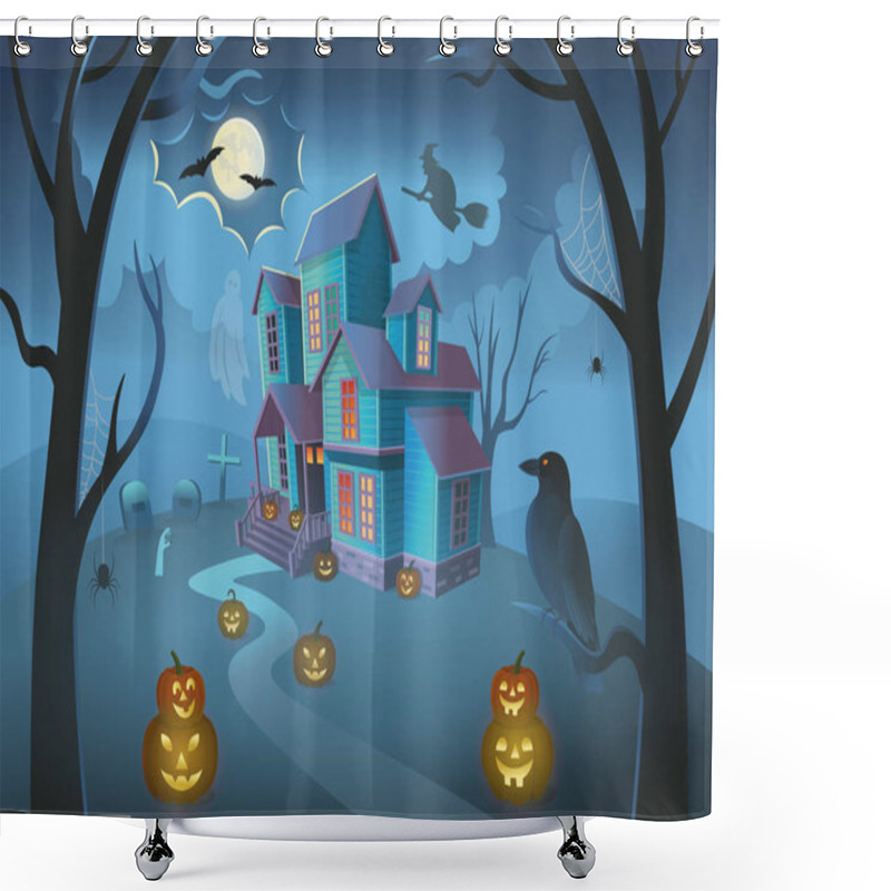 Personality  Haunted House With Pumpkins, A Witch On A Broomstick, Spiders, A Crow And A Ghost. Cartoon Style Vector Illustration. Shower Curtains