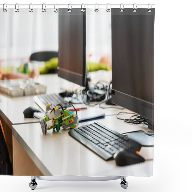 Personality  Selective Focus Of Robot On Table Near Computers In Stem School  Shower Curtains