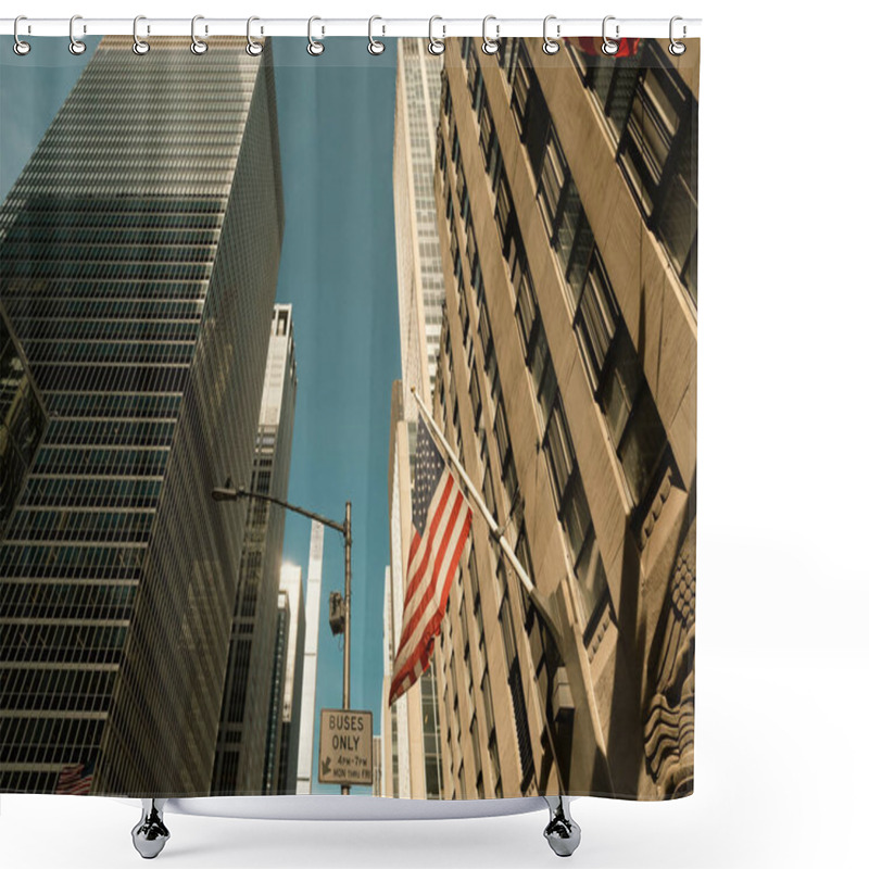 Personality  Low Angle View Of Usa Flag And Road Sign Near Modern Buildings In New York City Shower Curtains