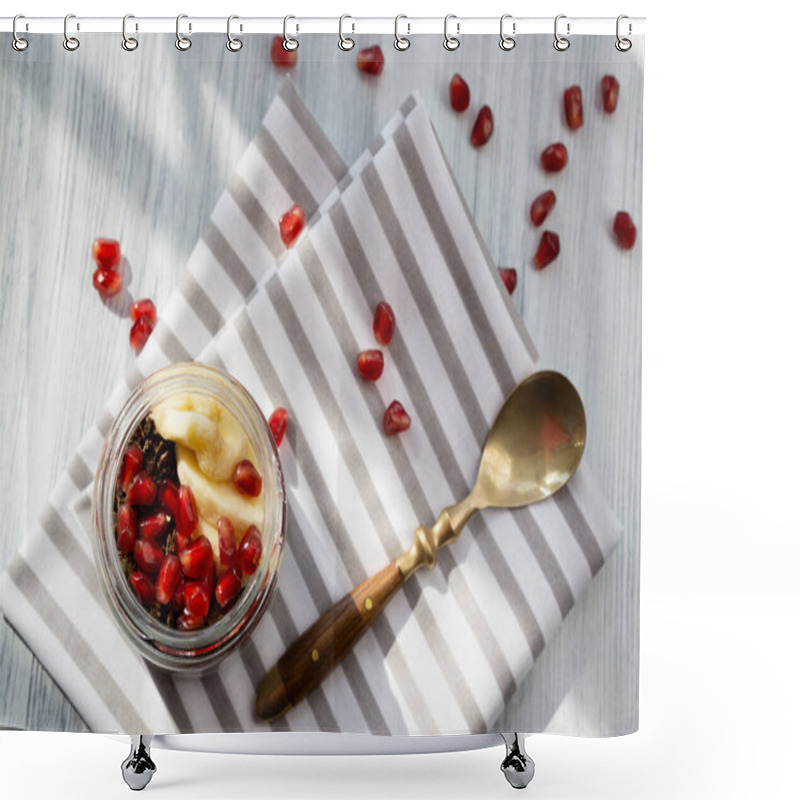 Personality  Fresh Pomegranate Berries, Banana And Sunflower Seeds In Chocolate Granola To Chia Pudding With Yogurt. Balanced Nutrition In The Morning With Useful Products. Shower Curtains