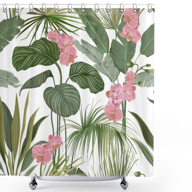 Personality  Seamless Floral Tropical Print With Exotic Orchid Pink Flowers, Green Jungle Leaves On White Background. Rainforest Blossoms And Plants, Nature Textile Ornament Or Wrapping Paper. Vector Illustration Shower Curtains