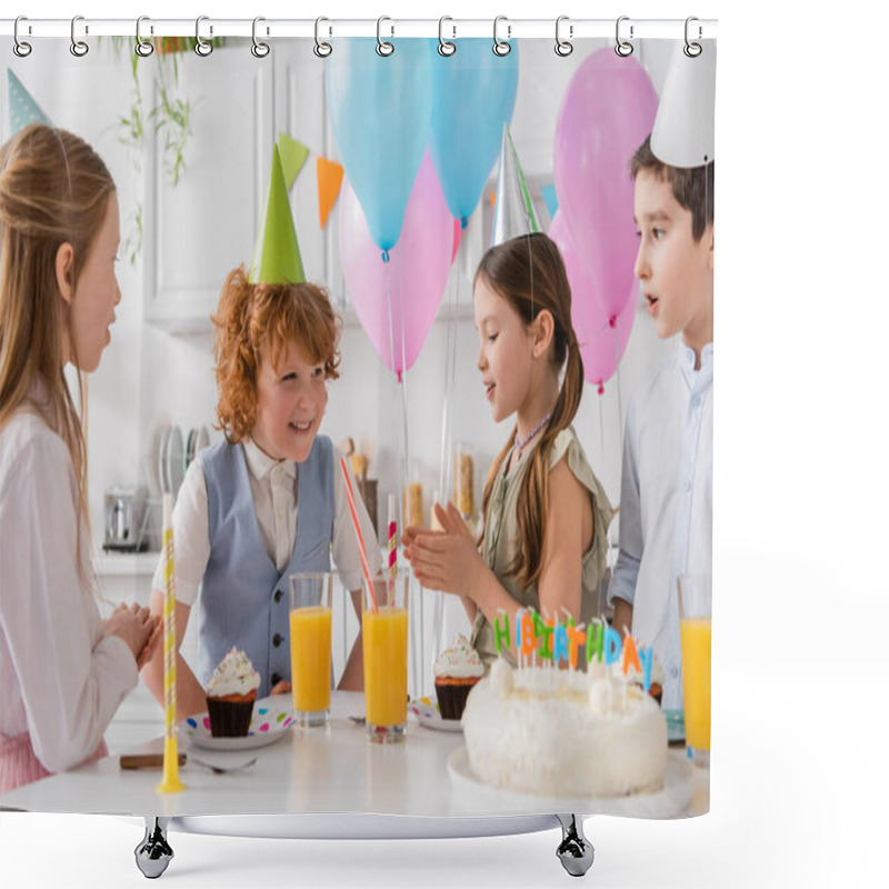 Personality  Preteen Girls In Party Caps Clapping Hands And Singing Happy Birthday Song Near Boys And Cake  Shower Curtains