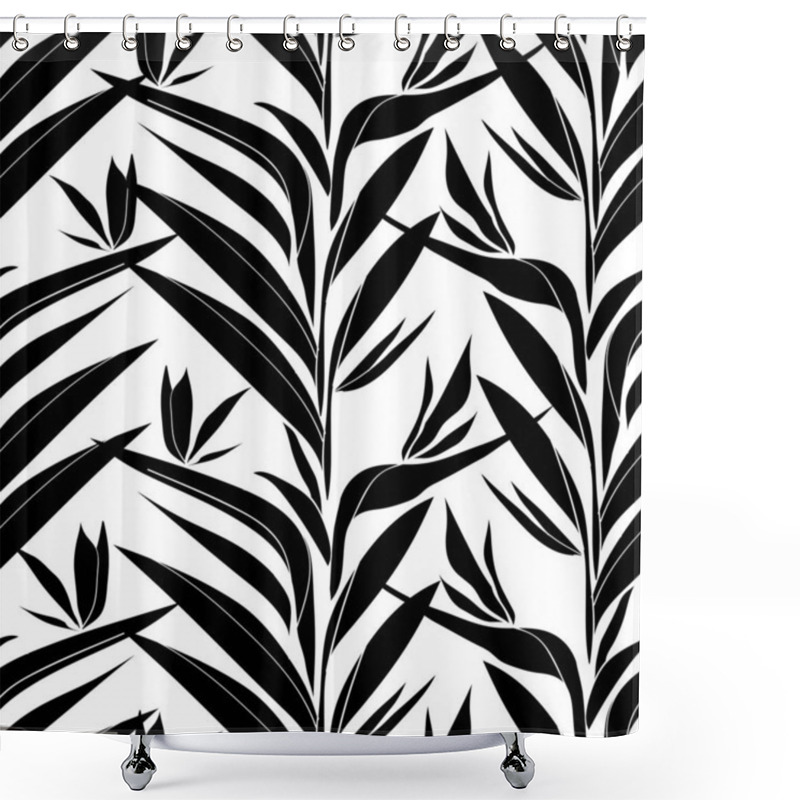 Personality  Tropical Plants Silhouette In Black And White Endless Pattern. Vector Seamless Pattern Design For Textile, Fashion, Paper, Packaging And Branding. Shower Curtains