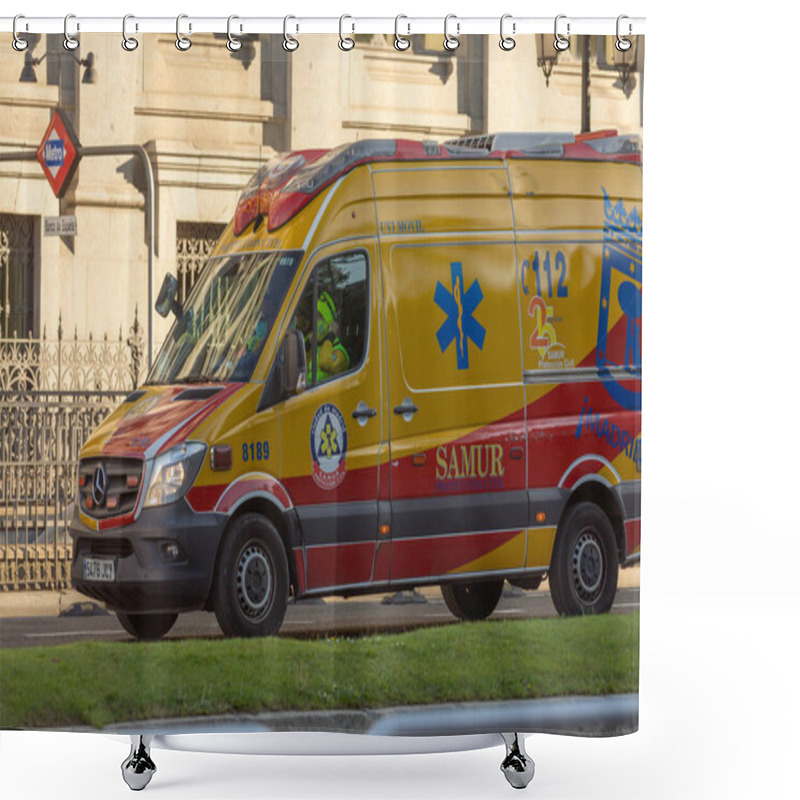 Personality  Madrid, Spain - May 19, 2020: An Advanced Life Support Unit USVA, Part Of The SAMUR-Civil Protection Vehicle And Ambulance Park, As It Passes Through Alcala Street With Cibeles. Shower Curtains